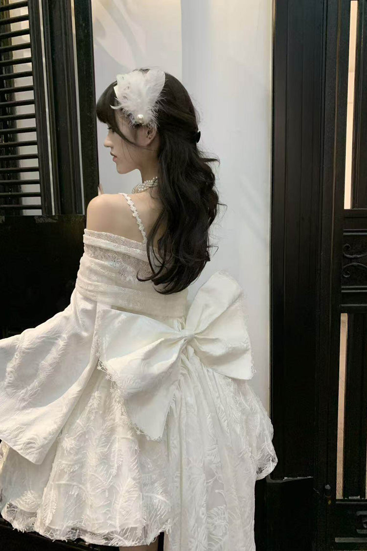 Ivory Moonlight Off-Shoulder Jacquard Embroidered Bow Gothic Mini JSK