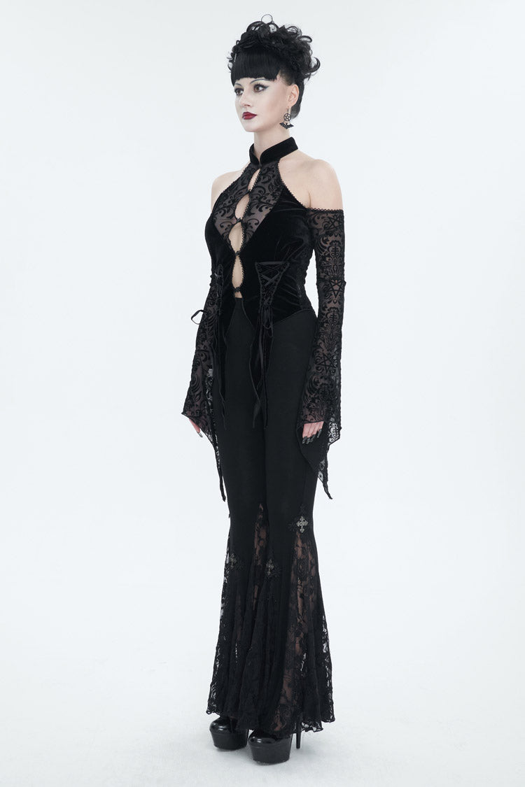Dark Symbol Flocked Rose Button Off-Shoulder Gothic Top
