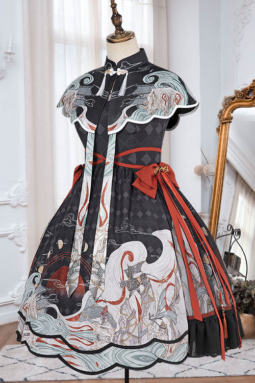 Classic Lolita OP Dress with Chang'e Moon Print and Ruffles