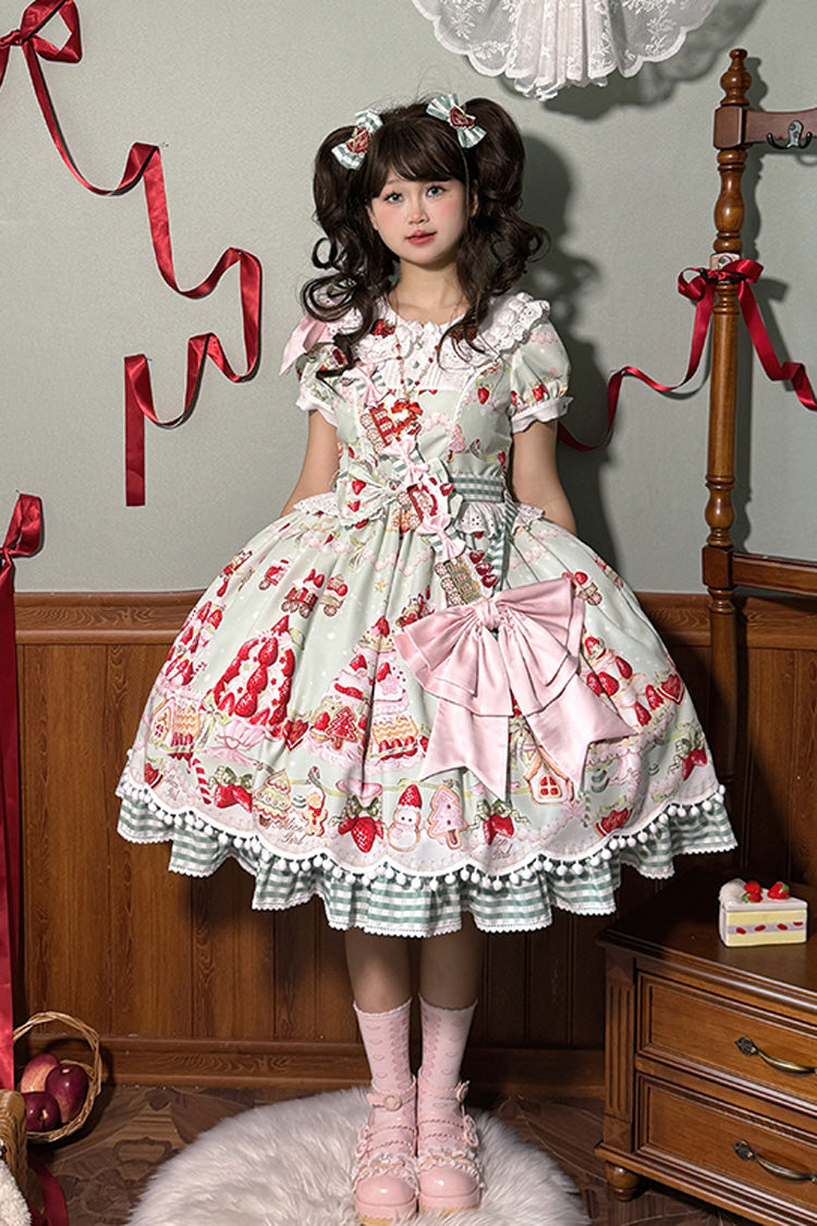 Mint Strawberry Dessert Printed Sweet Lolita Dress - Doll Collar Short Sleeved
