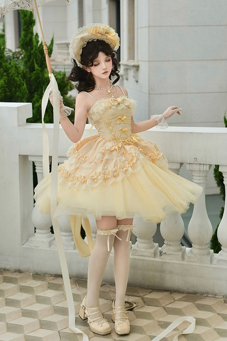 Yellow Off Shoulder Sweet Skirt with Lace and Bow - Sissi's Pilgrimage