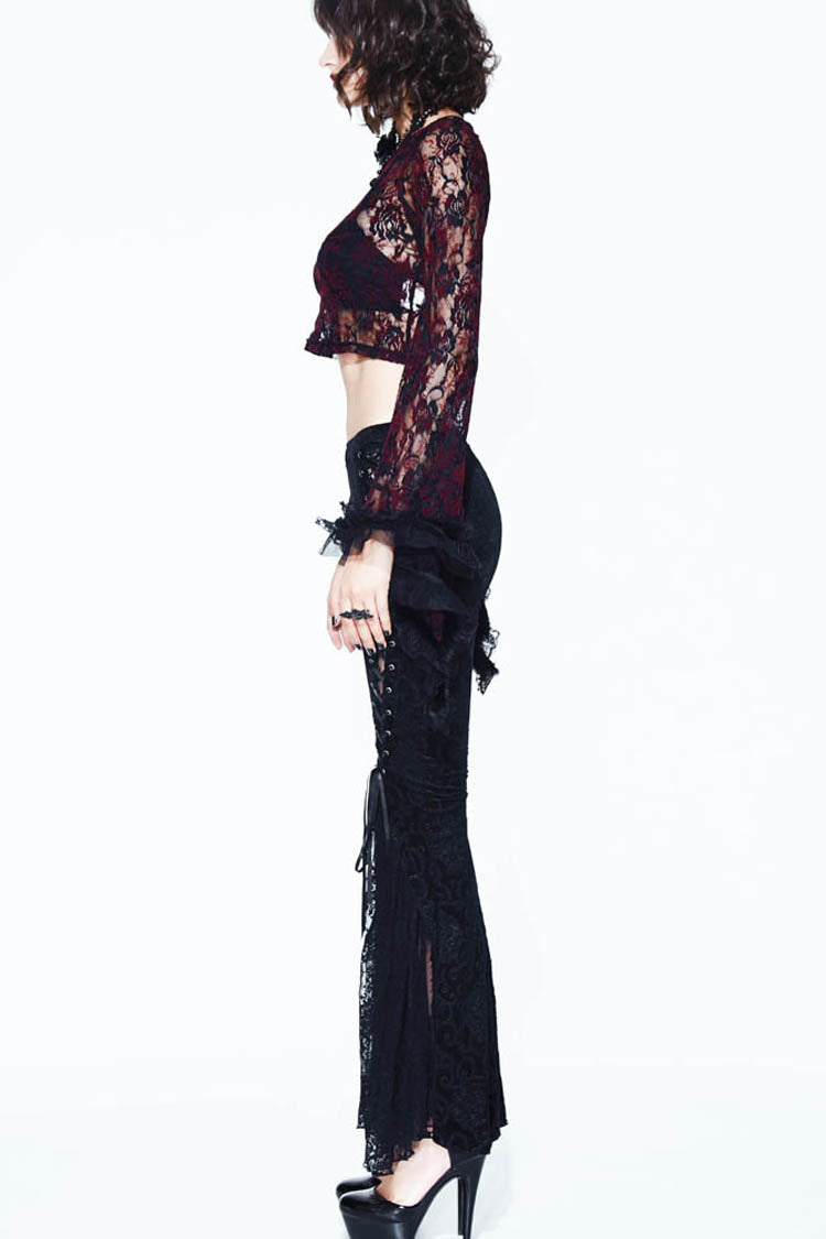 Lace-Up Flared Velveteen Gothic Pants with Pattern