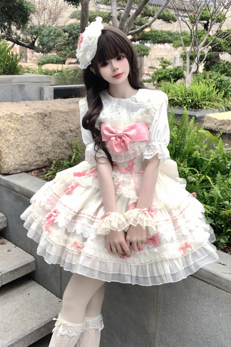 Sleeveless Multi-Layer Ruffle Bow Lace Sweet Princess Ballet Lolita Jumper Dress - Apricot Pink
