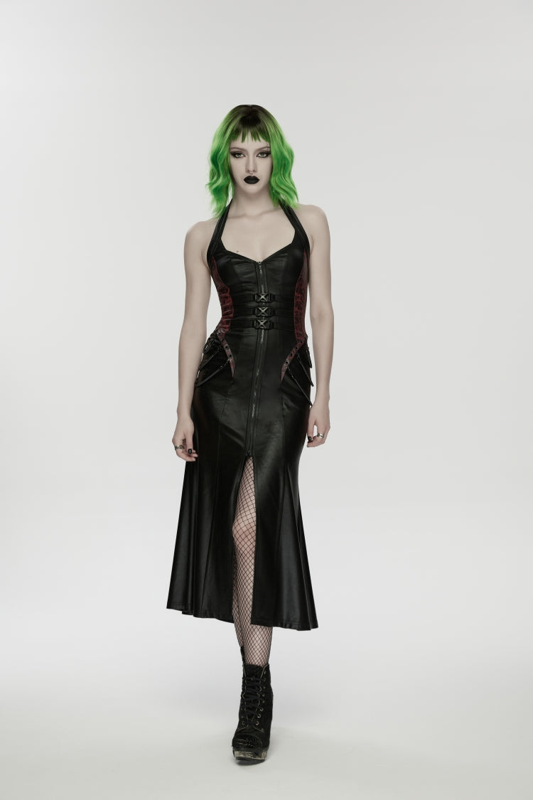 Crimson & Noir Halter Neck Sleeveless Buckle Detail Punk Mini Dress