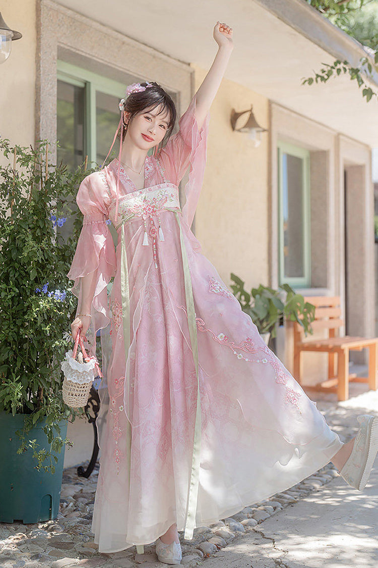 Rose Tang Dynasty V-Neck High Waist Embroidered Women's Casual Sweet Hanfu Ensemble