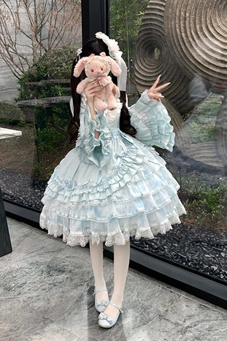 Blue Soloist Doll Long Hime Sleeve Multi-Layer Print Ruffle Bow Asymmetrical Sweet Lolita