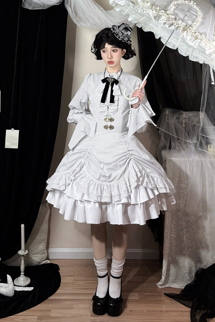 Ivory Manor Point Striped Ruffle Hem Bow Gothic Skirt