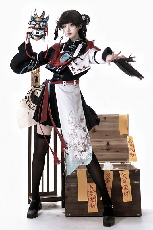 Multi-Color Asymmetric Chinese Ouji Skirt with Demon Print - Walking With The Demon