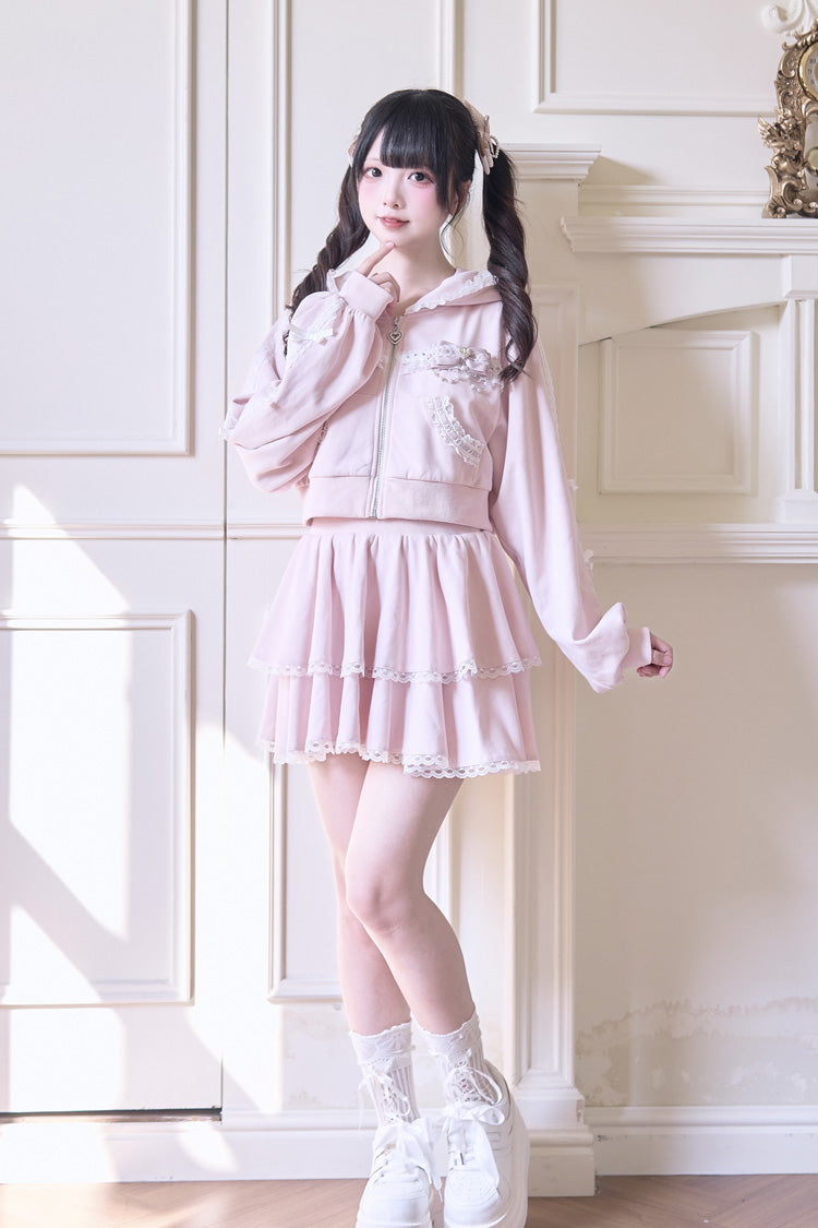 Hooded Bow Lace Hoodie & Skirt - Jirai Kei Set