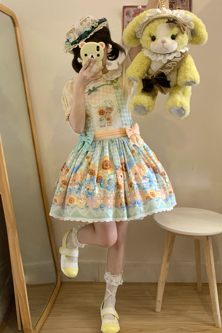 Kawaii Bears Sunflower Printed Multi-Color Bow Sweet Lolita Strap Dress - Miss Brown