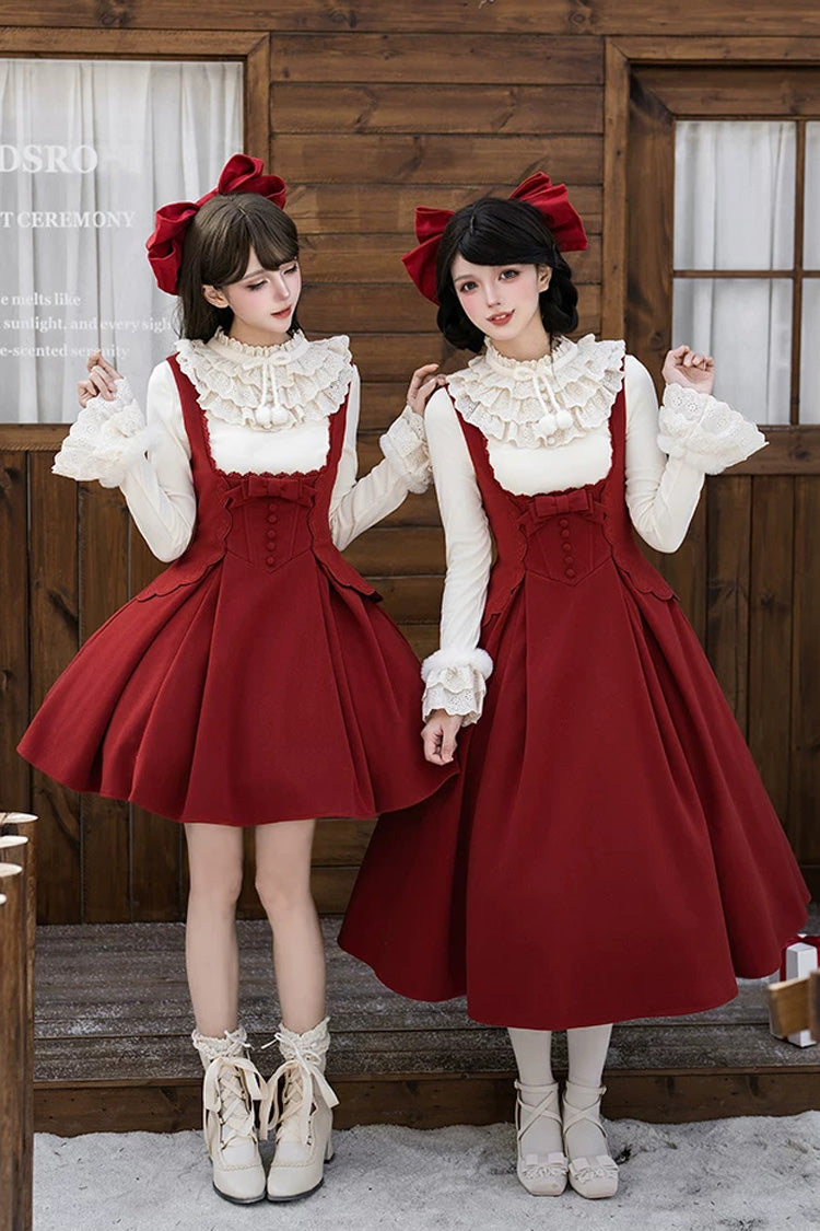 Classic Elegant Lolita Bandeau Dress with Embroidered Bow - Red