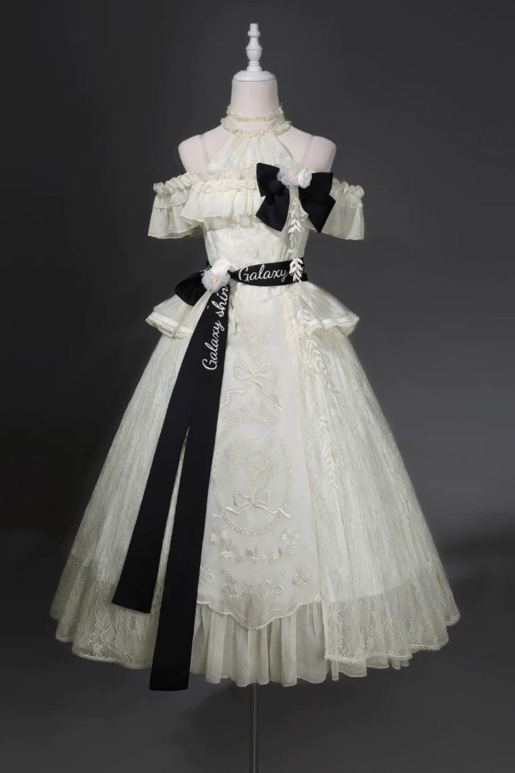 Ivory Halter Ruffled Embroidered Bow Classic JSK