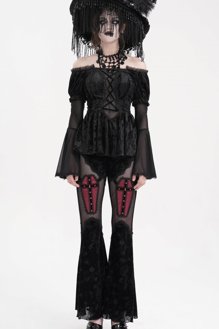 Sheer Black Hollow Lace-Up Mesh Long Sleeve Halter Gothic Blouse