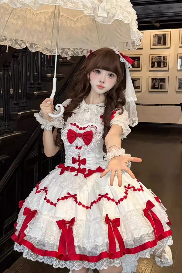 Red White Scarlet Heart Cocoa Sleeveless Triple-Layered Ruffle Embroidery Lace Sweet Lolita Jsk Dress