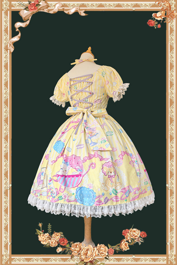 Yellow Square Collar Lantern Sleeve Sweet Lolita Dress Bow Print - Macarons Dolly House