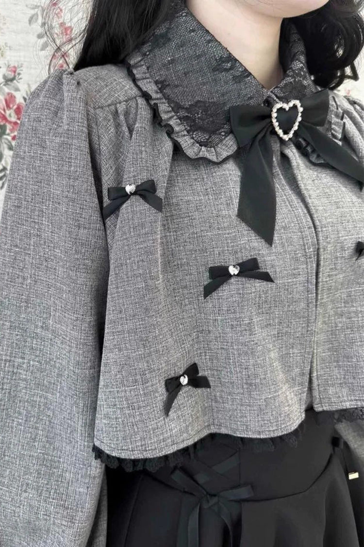 Grey Lapel Collar Long Sleeves Bowknot Sweet Japanese Jirai Kei Blouse Coat