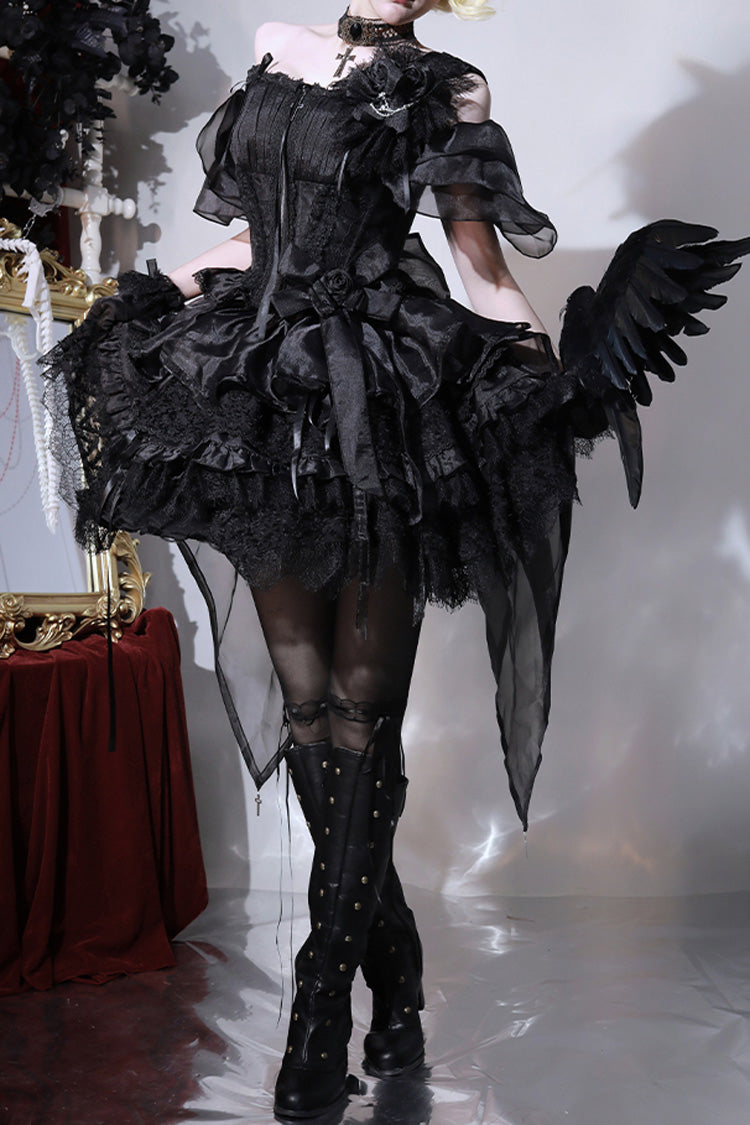 Black Sleeveless Multi-Layer Lace Gothic Skirt Set - Rose Memoirs
