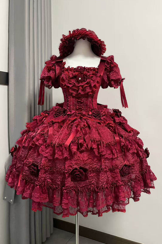 Rose Manor Square Collar Short Sleeves Ruffled Bow Lace Classic Lolita Dress - Red