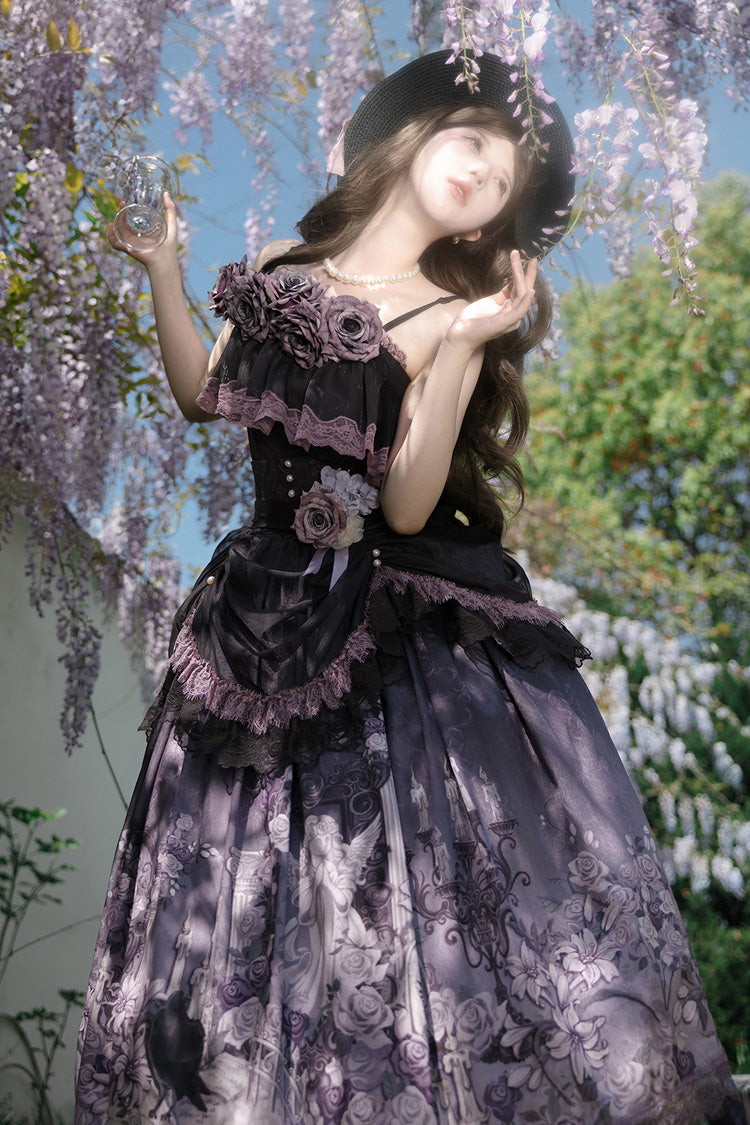 Angel Garden Black Purple Sleeveless Print Ruffle Bowknot Lace Sweet Gothic Skirt Set