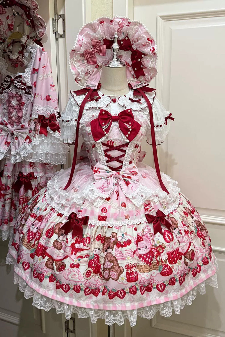 Red/Pink Sweet Lolita JSK Dress Printed Bow Lace Lace-Up - Sweet Berry Bunny Bear