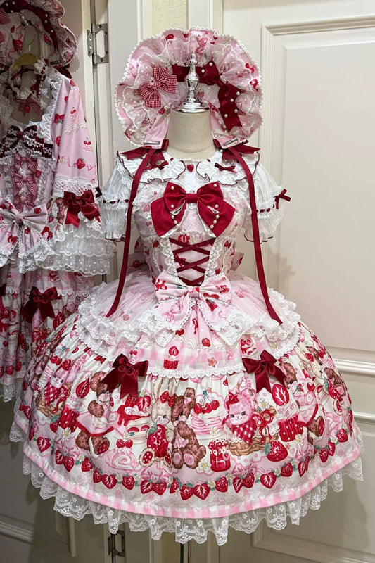 Red/Pink Sweet Lolita JSK Dress Printed Bow Lace Lace-Up - Sweet Berry Bunny Bear