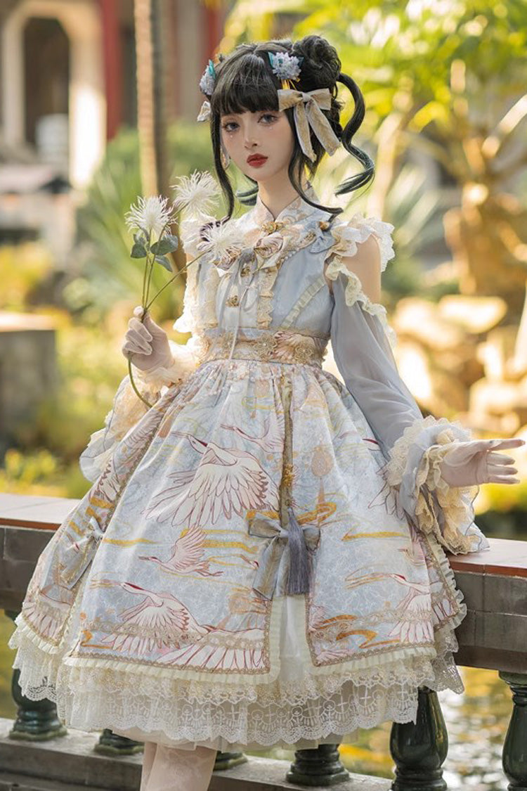 Chinese Style Long Sleeve Print Ruffle Lace Sweet Lolita Dress