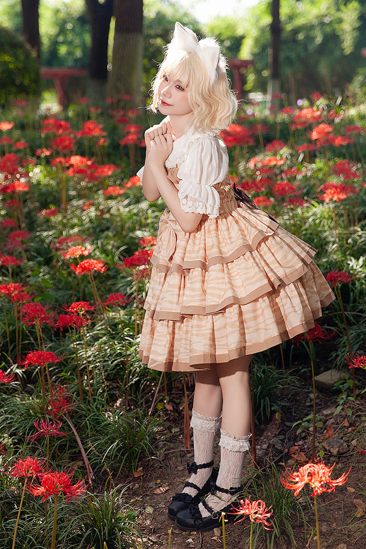 Sweet Apricot Triple-Layer Print Ruffle Bow Lolita Dress