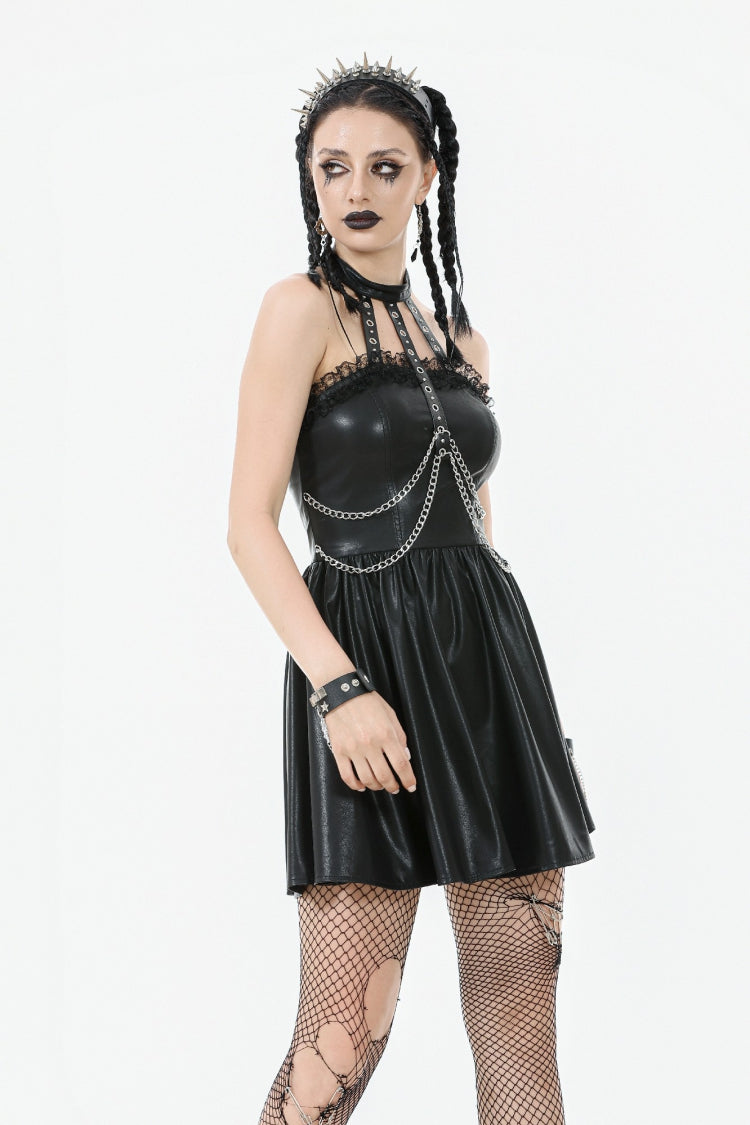 Halterneck Zippered Chain-Decorated Eyelet Punk Faux Leather Dress