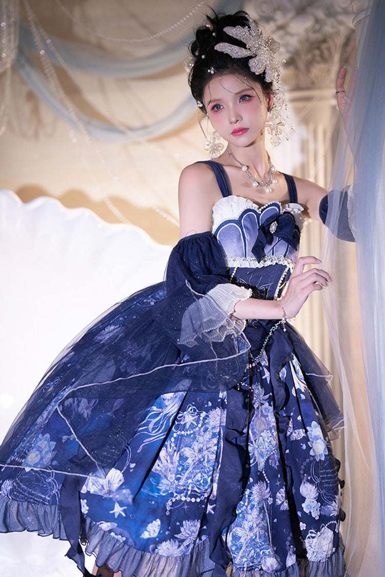 Blue Print Ruffle Lace Sweet Elegant Lolita Jsk Dress