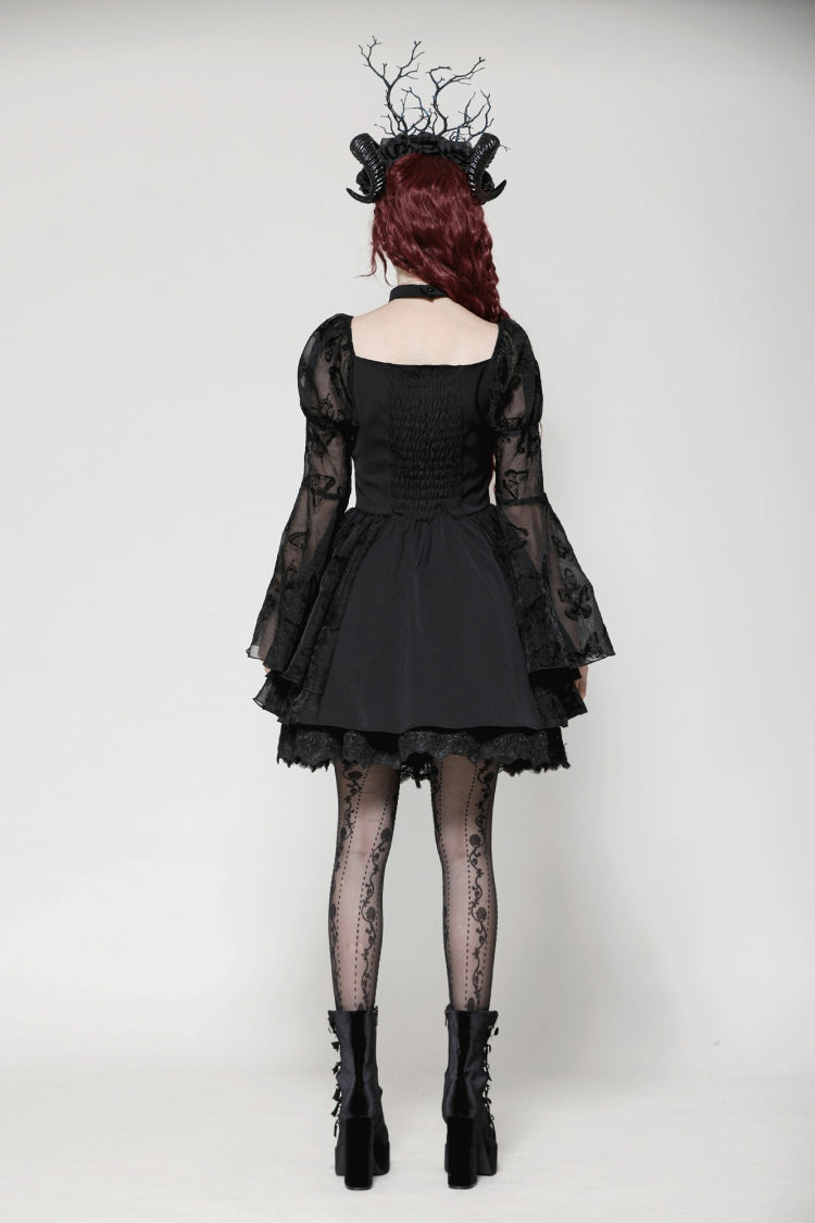 Majestic Black Multi-Layered Lace Trumpet Puff Sleeve Halter Gothic Lolita Graduation Gown
