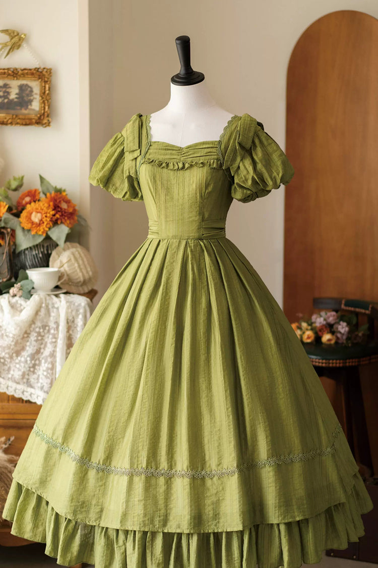 Square Collar Ruffled Bow Dress - Forest Gallery