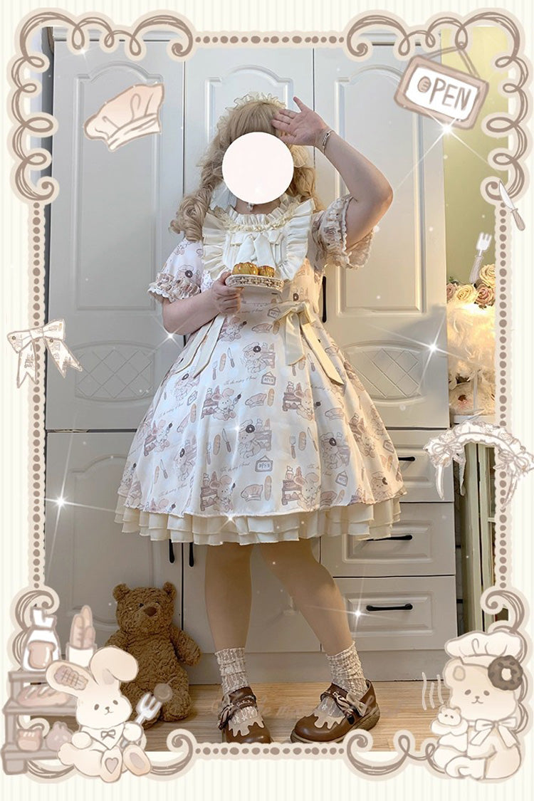 Short Puff Sleeve Print Ruffle Plus Size Princess Lolita Dress Ivory
