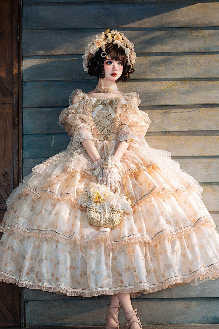 Yellow Off-Shoulder Princess Dress with Ruffle Print