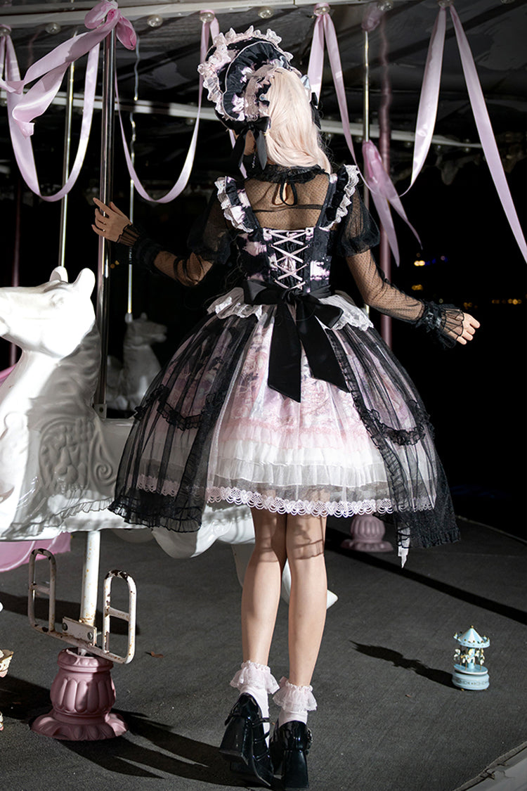 Black Pink Multi Print Ruffle Bow Lace Sweet Gorgeous Lolita Jsk Dress