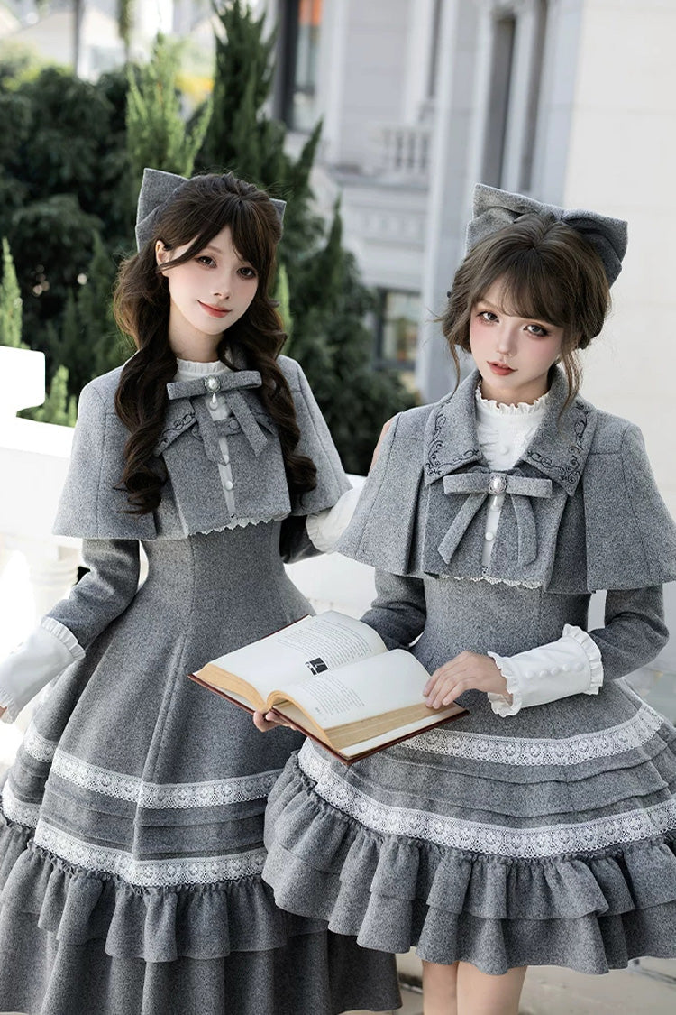 Classic Elegant Lolita Dress with Stand Collar and Ruffled Bow - Grey