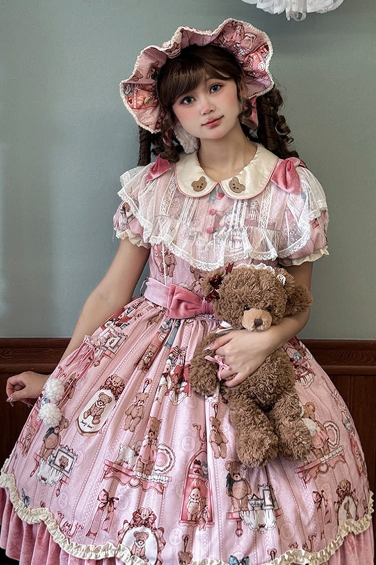 Bear Print Short-Sleeve Ruffled Bow Dress