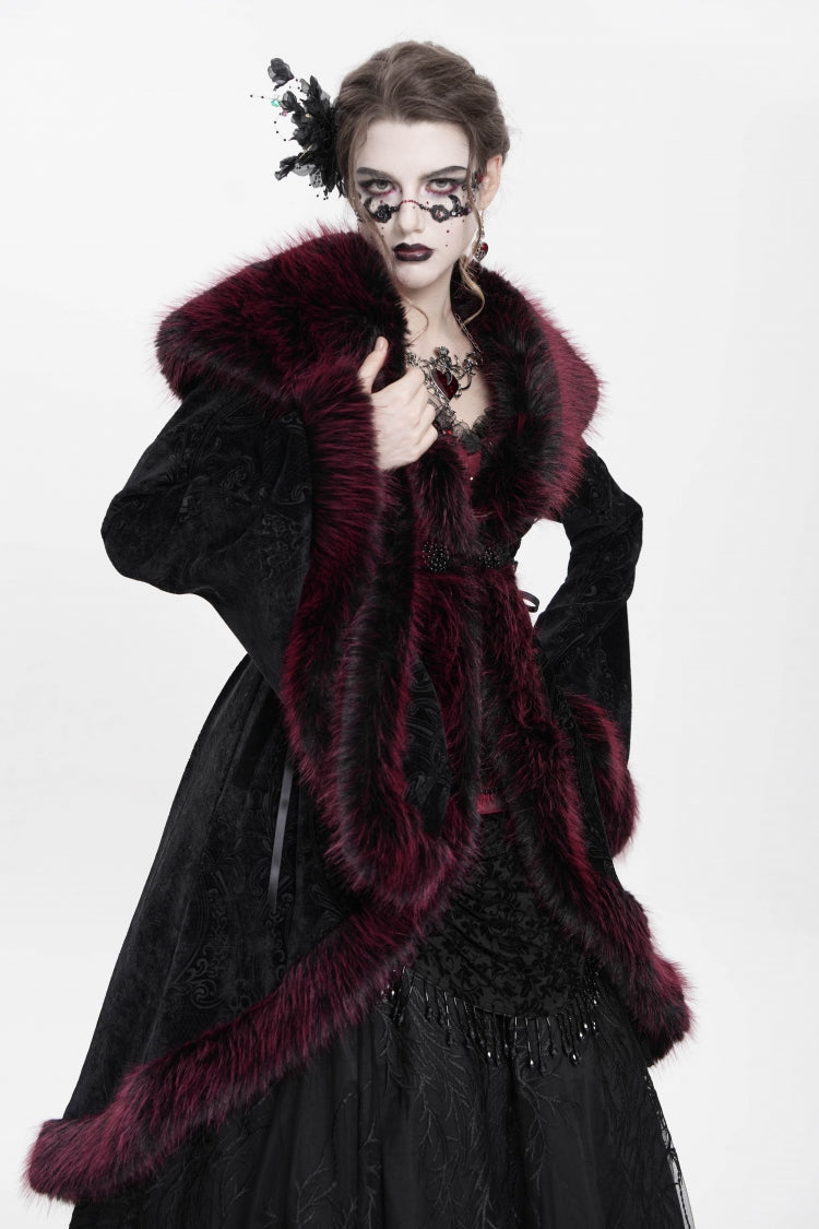 Crimson Floral Embroidered Gothic Fluffy Jacket