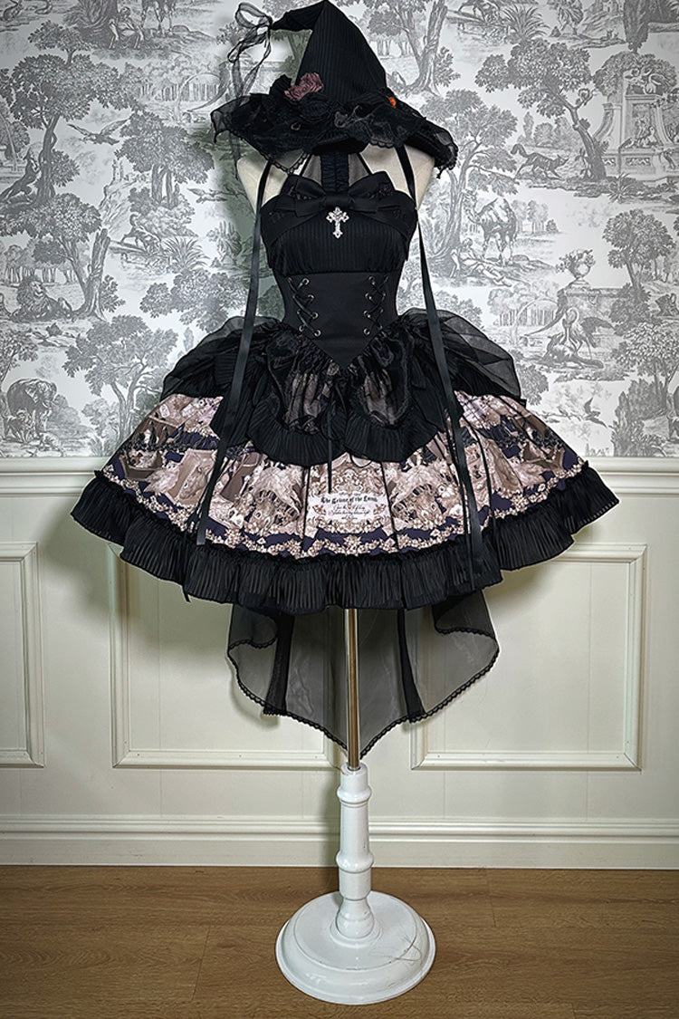 Black The Mystery of The Doll Halterneck Printed Ruffle Bowknot Drawstring Gothic Lolita Dress