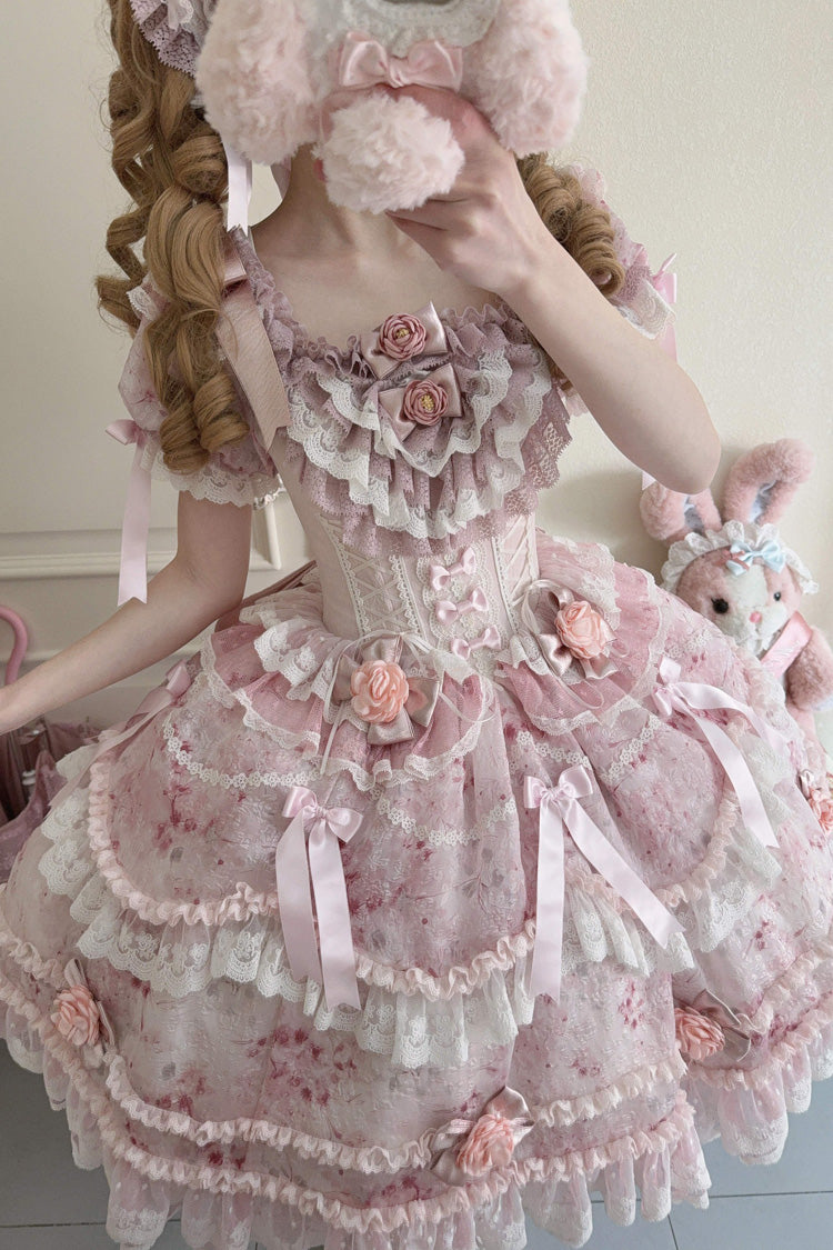 Pink Short Puff Sleeves Ruffle Bowknot Lace Sweet Japanese Princess Dress - Rose Manor