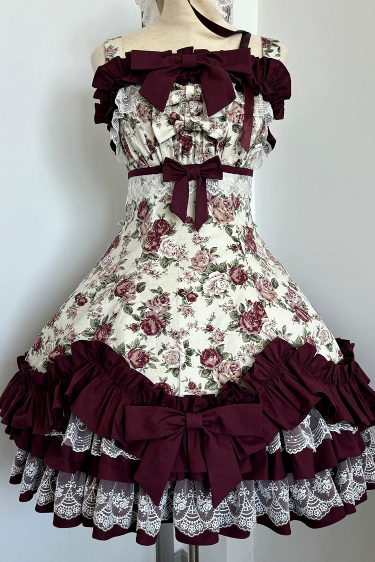 Burgundy Off-Shoulder JSK Dress with Ruffled Lace