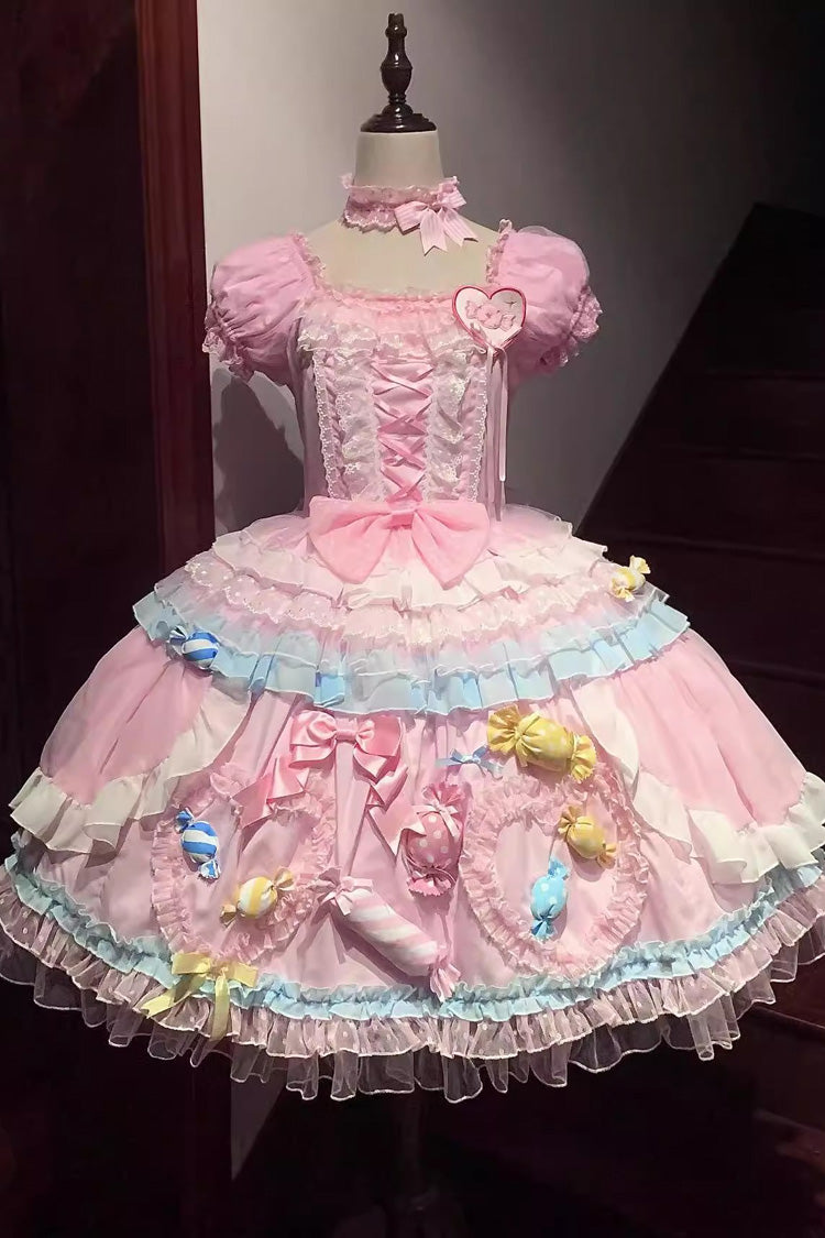 Pink Candy Party Short Sleeves Multi-Tiered Ruffled Bow Lace Lace-Up Sweet Lolita Dress
