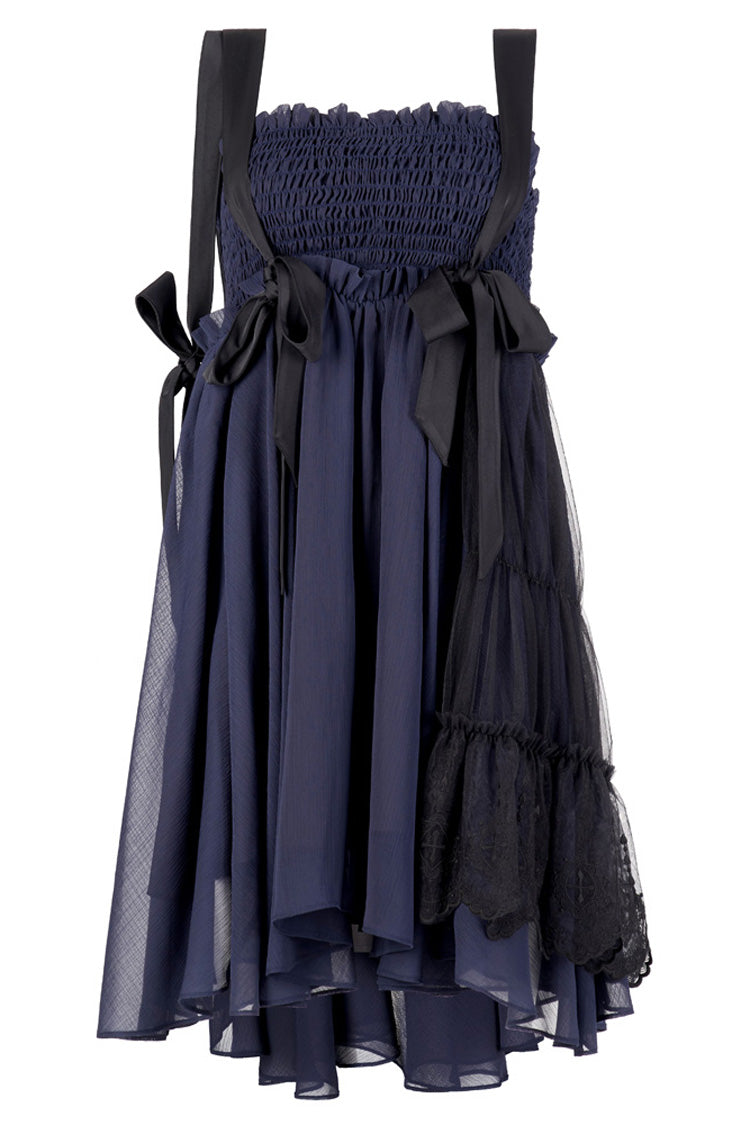 Blue Strap Big Bow Streamer Stitching Lace Suspender Gothic Dress
