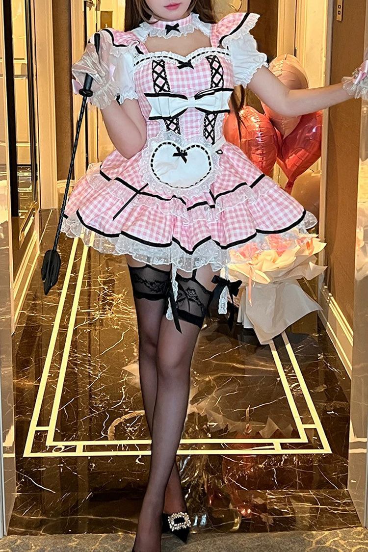Sweet Lolita Maid Dress with Printed Ruffled Bow and Square Collar - Pink