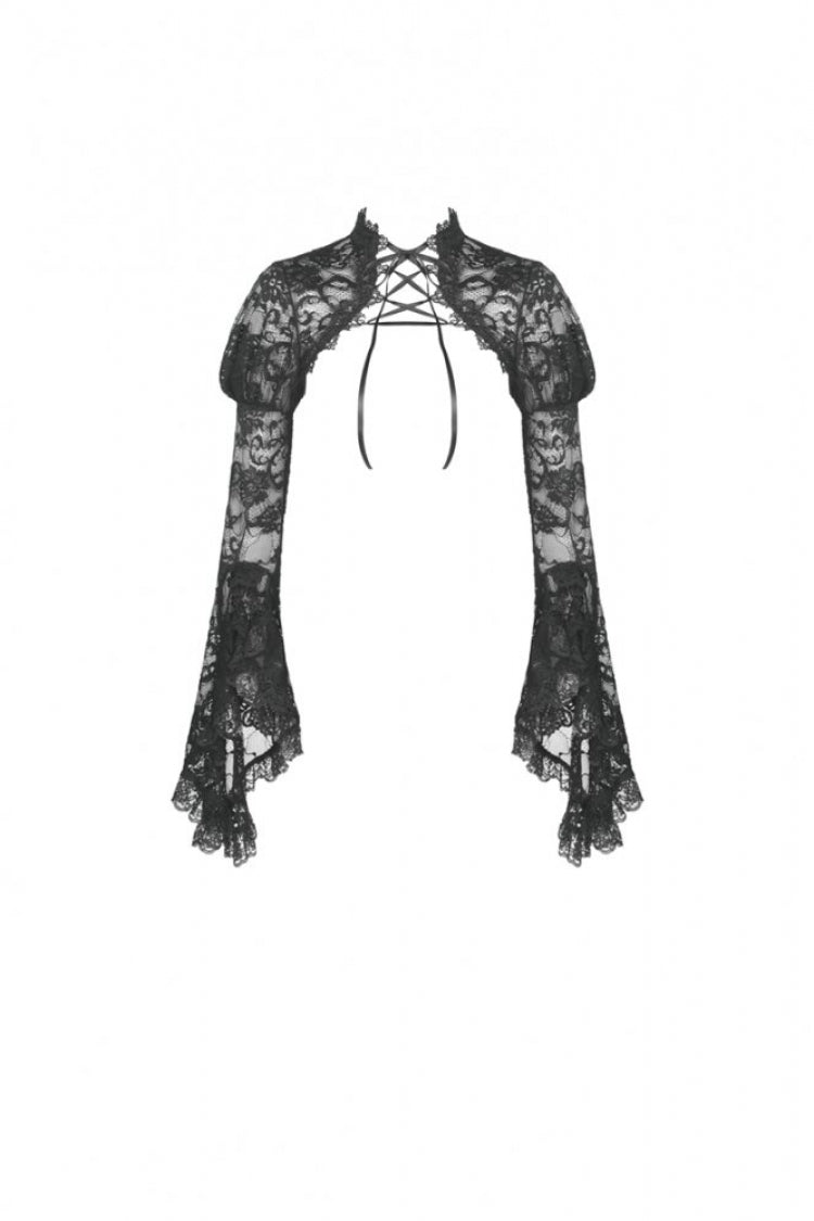 Jet-Black Gothic Cape with Sheer Floral Lace and Lacing for Women