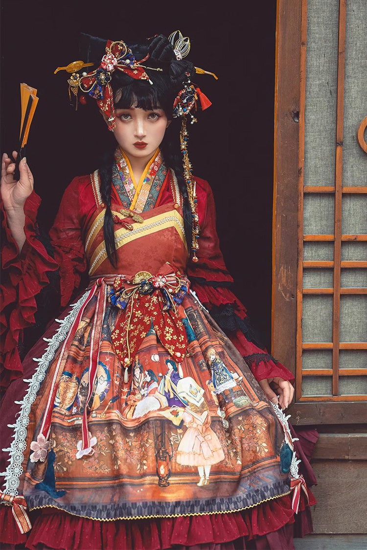 Multi-Color Nightmare Print Japanese Bow Ruffle Jsk Dress