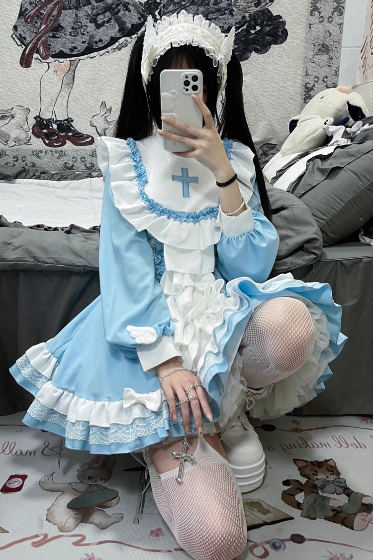 White/Blue Long Sleeves Cross Print Nun Style Ruffle Multi-Layer Sweet Lolita Dress