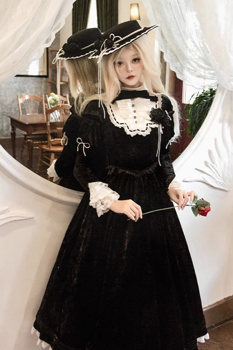 Black Long Sleeve Ruffle Bow Lace Gothic Lolita Dress