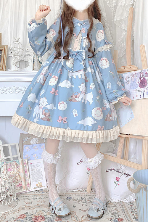 Sweet Lolita OP Dress with Sheep Print and Lantern Sleeves