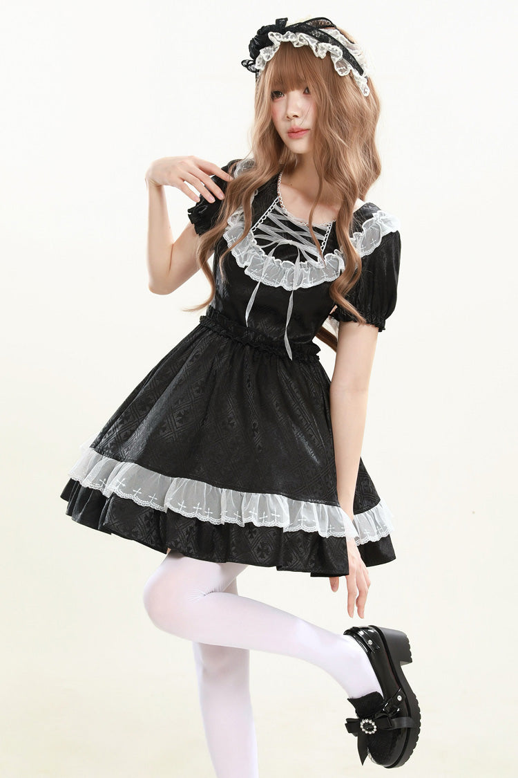 Night Alley Angel Lapel Collar Short Sleeves Jacquard Ruffled Lace Gothic Lolita Dress - Black