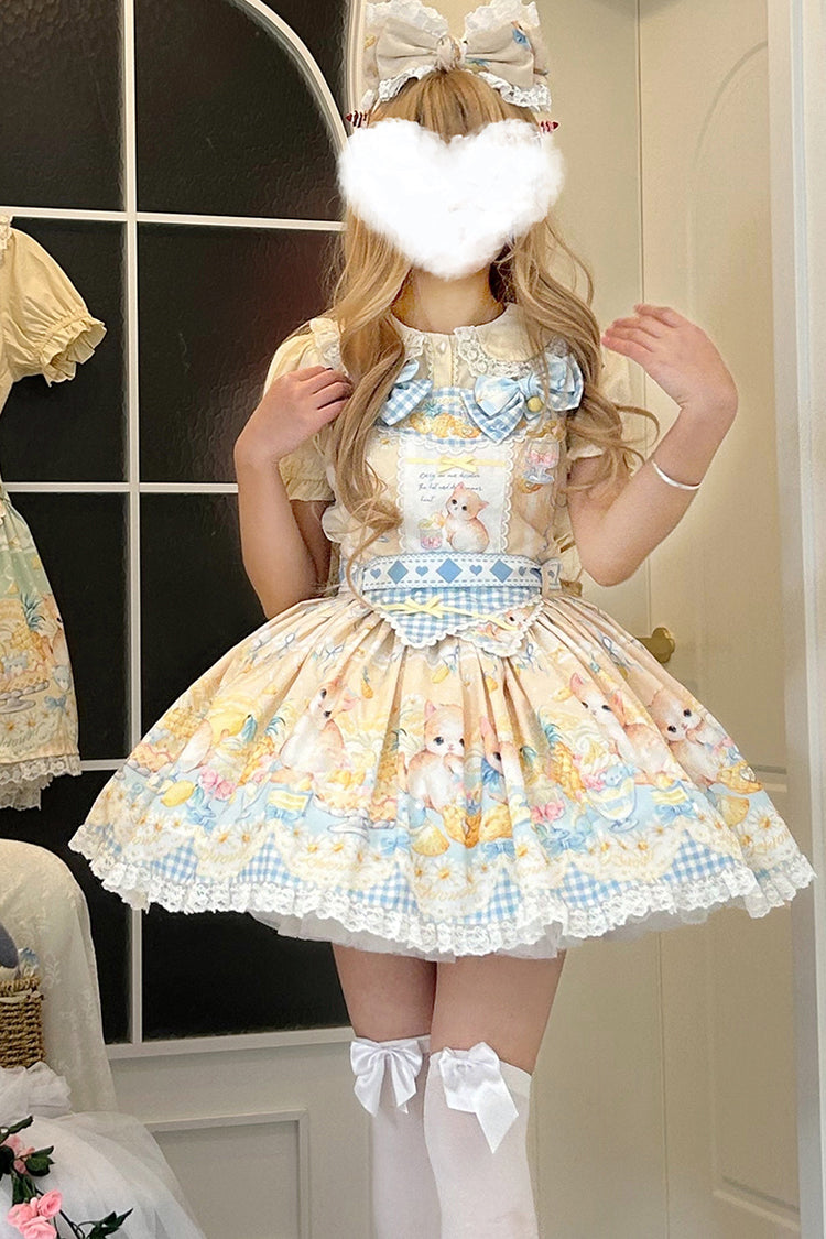 Yellow Sweet Lolita Strap Dress with Bowknot Lace - Pineapple Cat